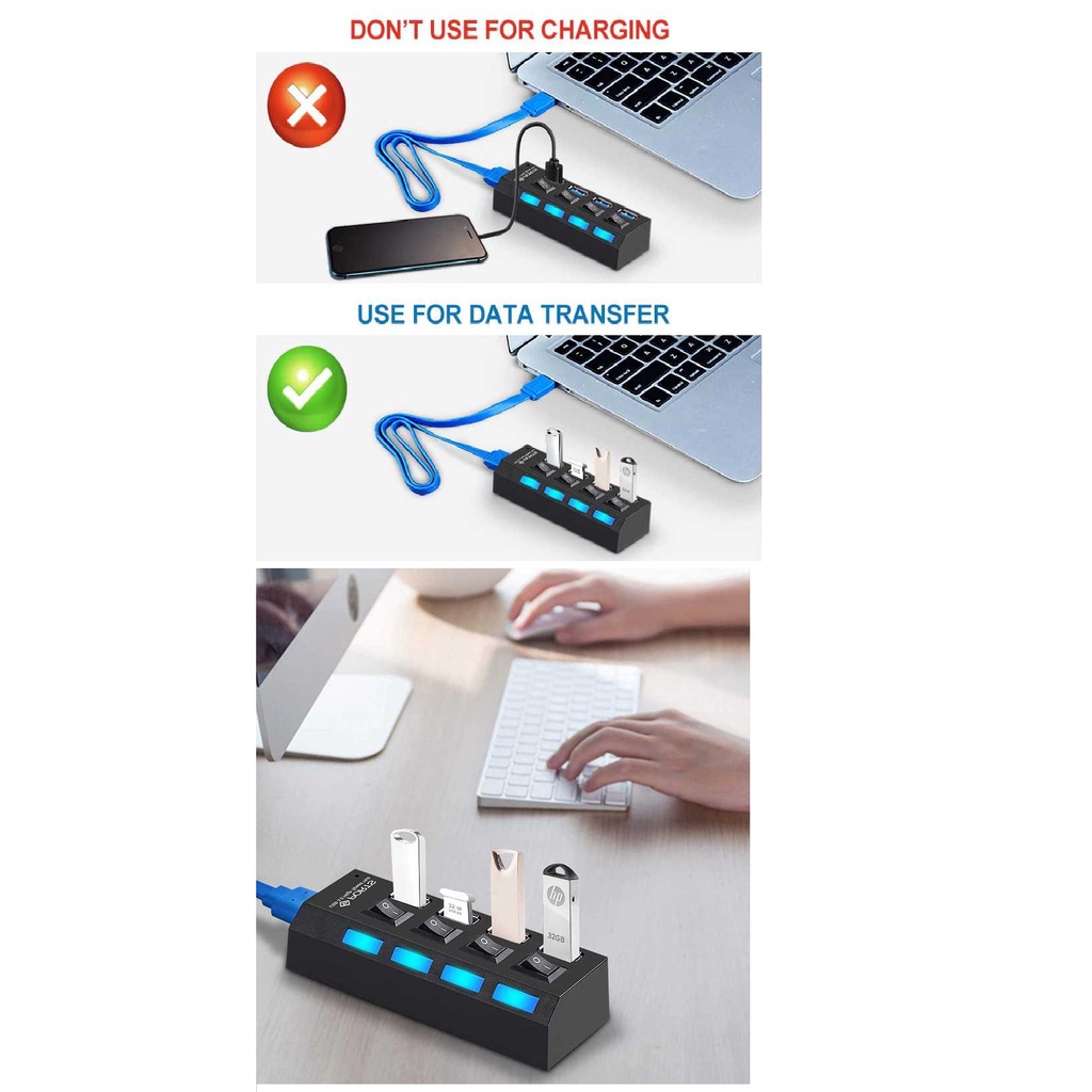 Pembagi 4 Port Lubang USB3.0 HUB USB versi 3.0 Saklar + Adaptor Power