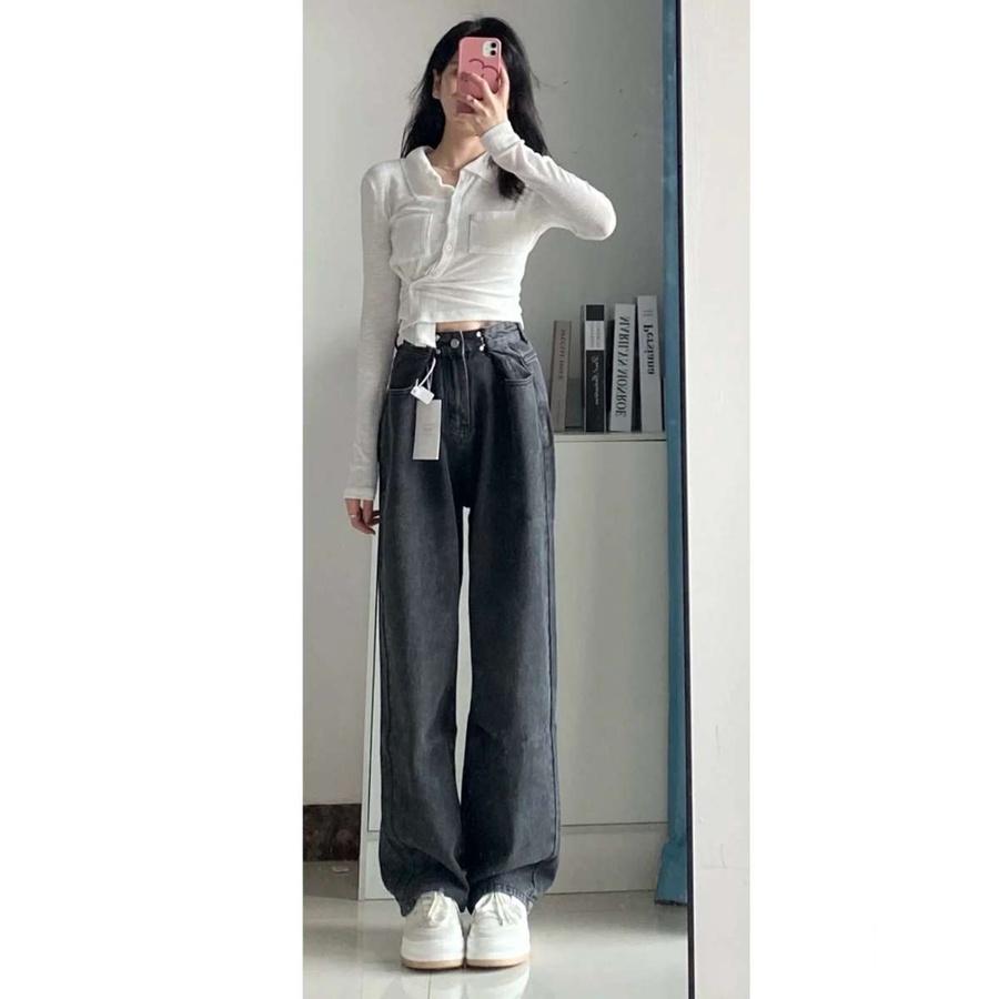 Korean New Women's Loose High Waist Wide Leg pengait celana jeans