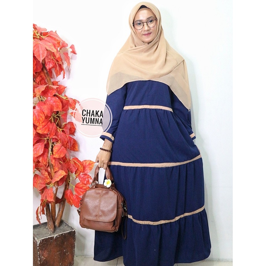 Gamis Syar'i Wanita Muslim Bahan Wolfiss Biru Dongker (Hanasta Dress)
