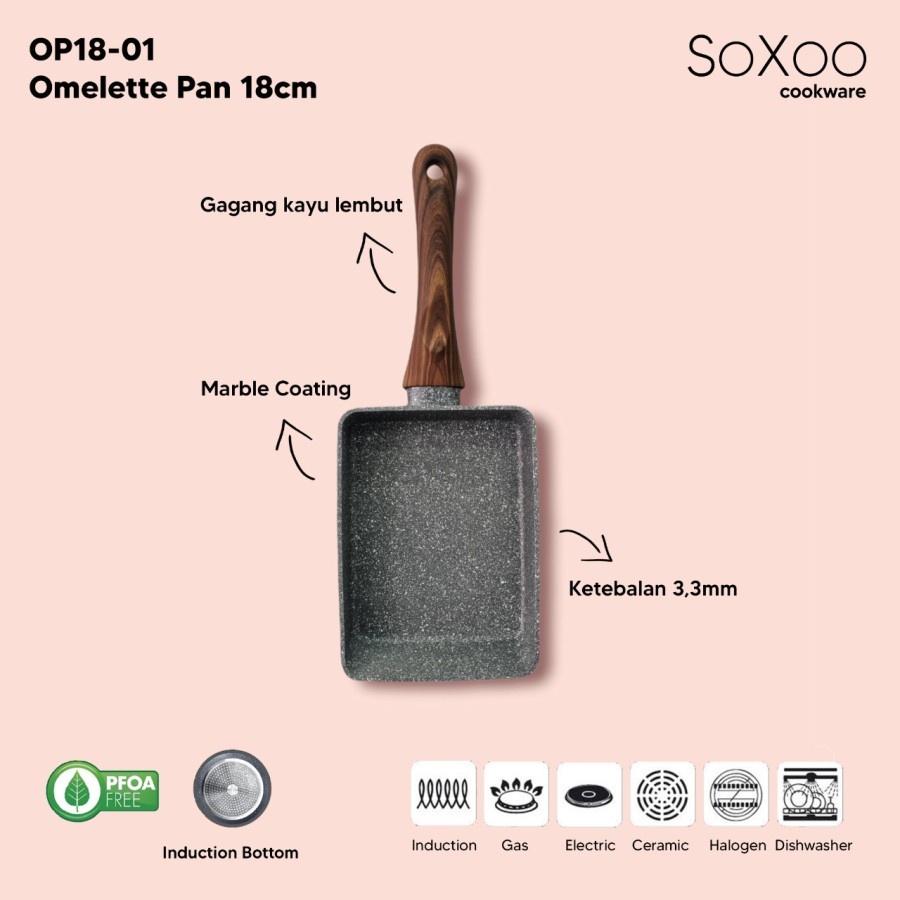 Soxoo Marble Wood Handle Omelette Pan 18 cm OP18-01 Egg Pan