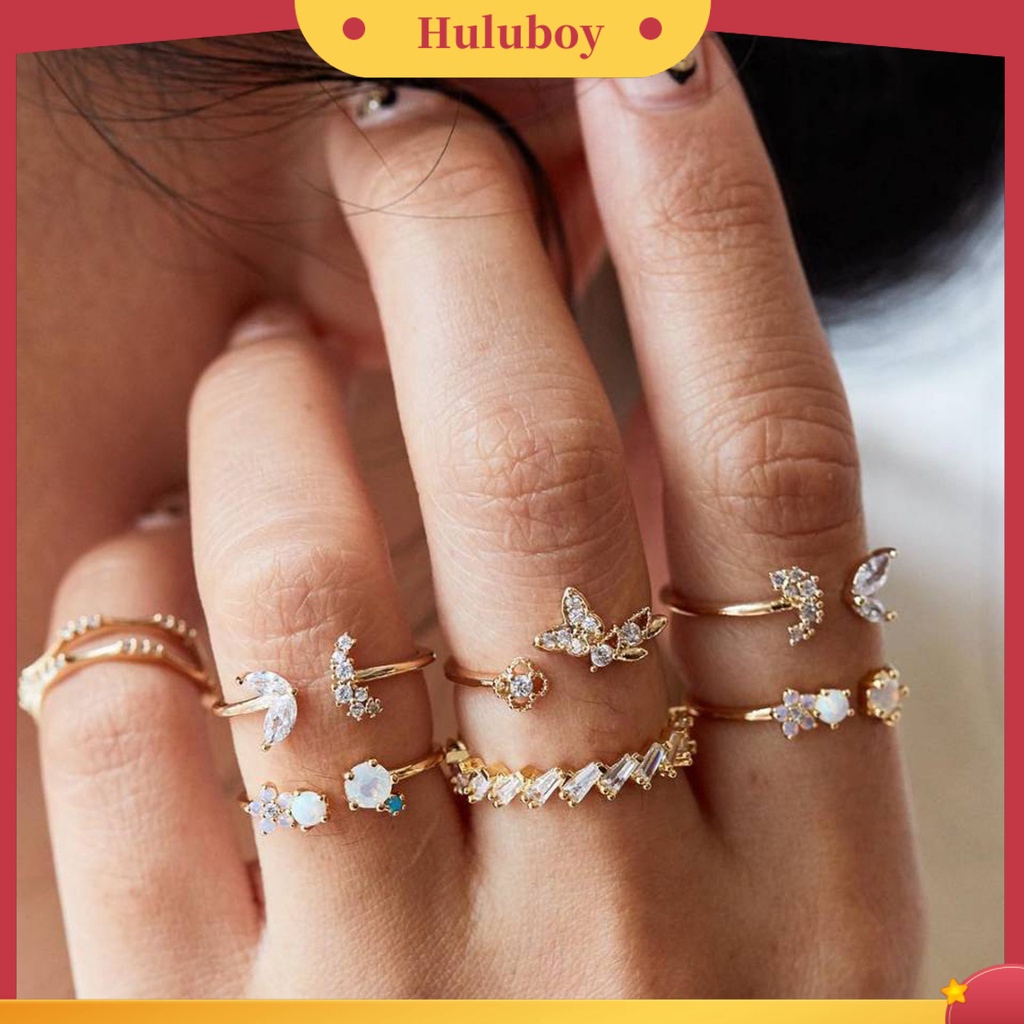 Hu Hu Hu Hu Hu Alat Bantu Pasang Kacamata♡ 7pcs Cincin Jari Model Terbuka Aksen Berlian Imitasi Untuk Wanita