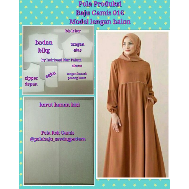 [ Bisa COD ] Pola Gamis 016 - Pola baju gamis tangan balon - Pola Produksi gamis