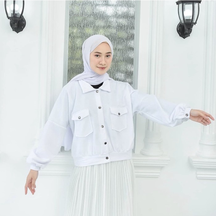 Jaket Wanita jaket wanita olin button - Putih(G5S7) Jaket Wanita Kekinian BAHAN PREMIUM Hoodie Wanit