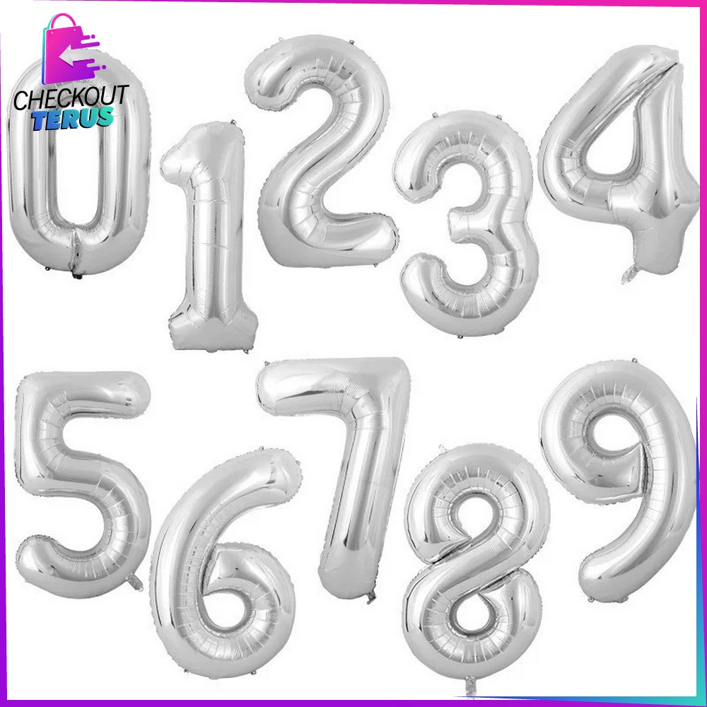 CT C390 Balon Foil Silver Abjad Alphabet Angka Polos Balon Huruf A-Z Balon Foil Angka 0-9 Balon Foil Perlengkapan Ulang Tahun Balon Pesta