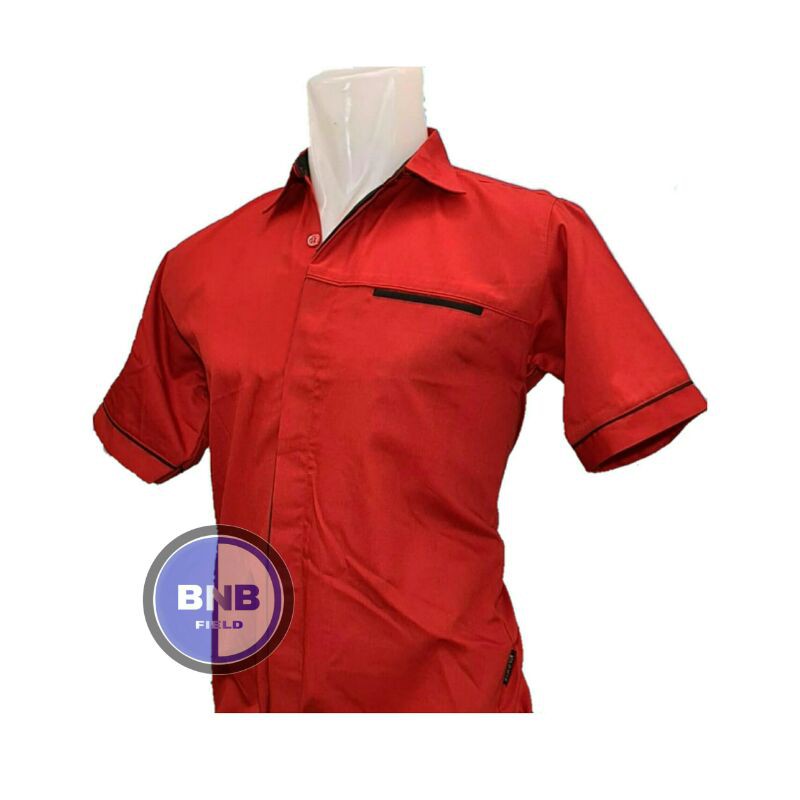 KEMEJA BAJU SERAGAM MERAH LIS HITAM BAHAN AMERICAN DRILL