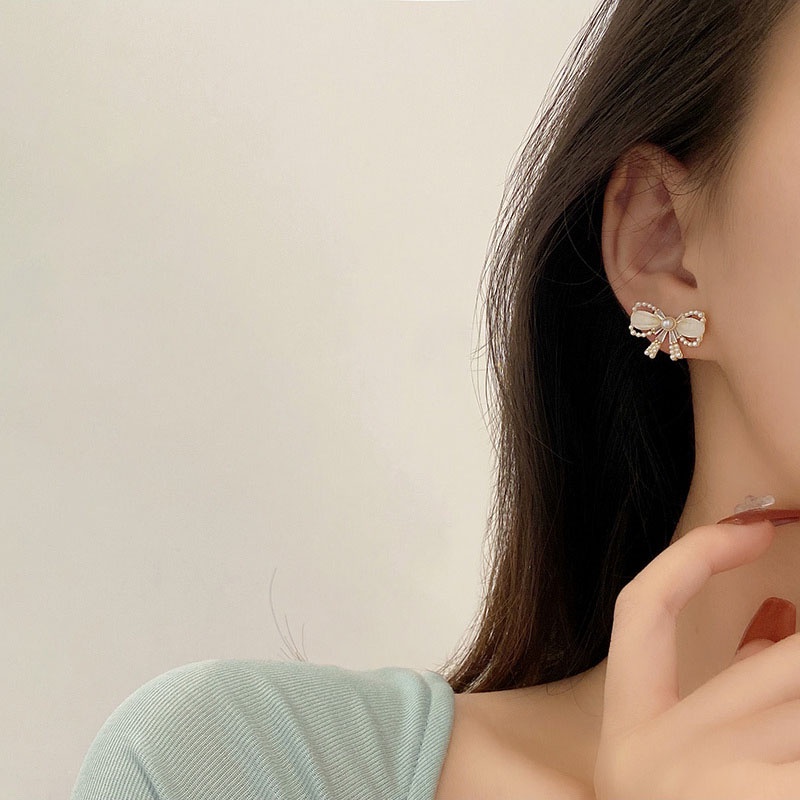 Shuling S925 silver needle Opal Bow Pearl Earrings female Ear Jewelry High Sense Stud Earrings