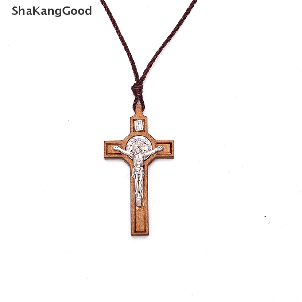 Kalung Liontin Salib Yesus Bahan Kayu Metal Gaya Retro Untuk Hadiah