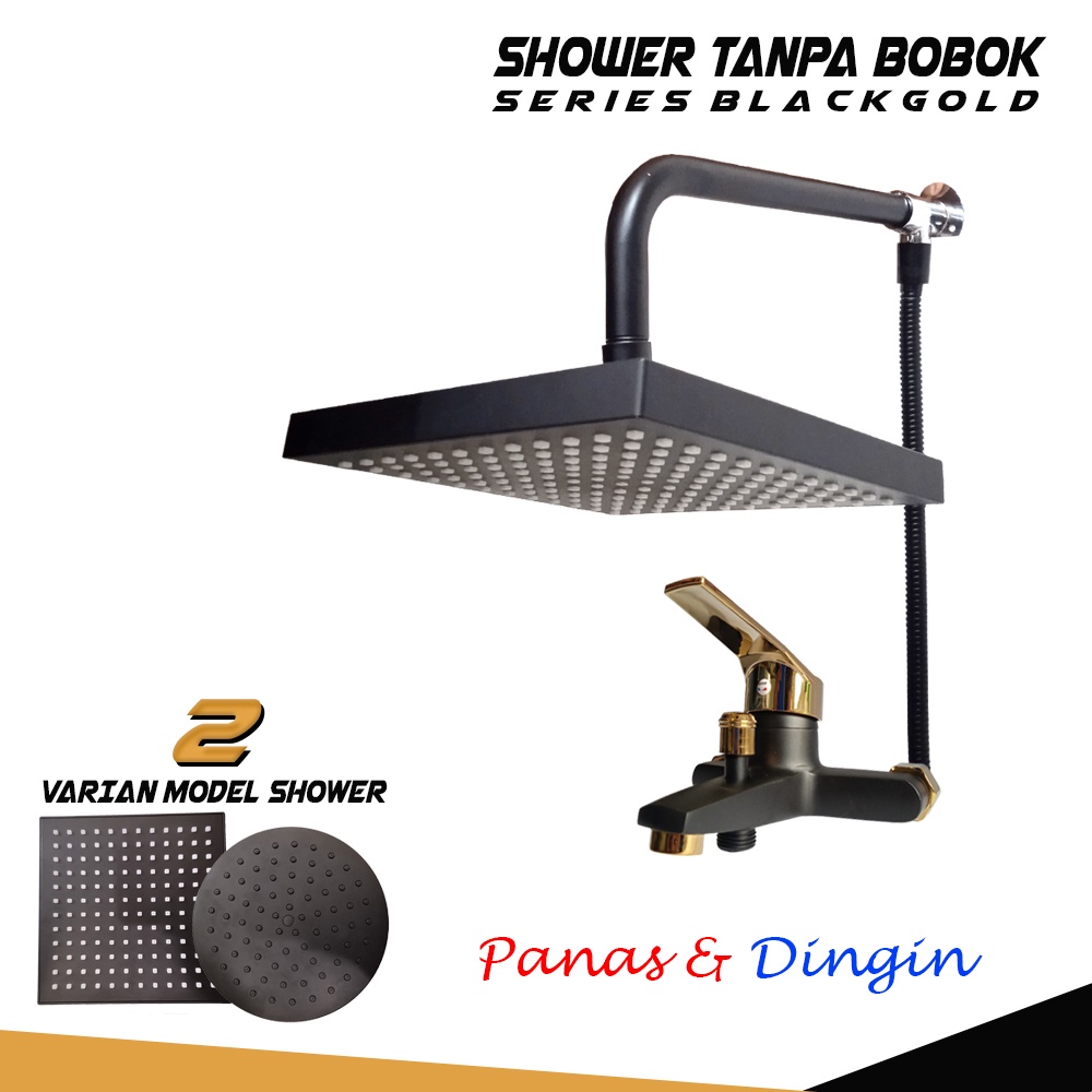 Shower Panas Dingin Black Tanpa Bobok Paket Komplite Serie Black Gold Kran Cabang | Shower Lebar 8inch Tebal Stainless | Shower Head Rainfall