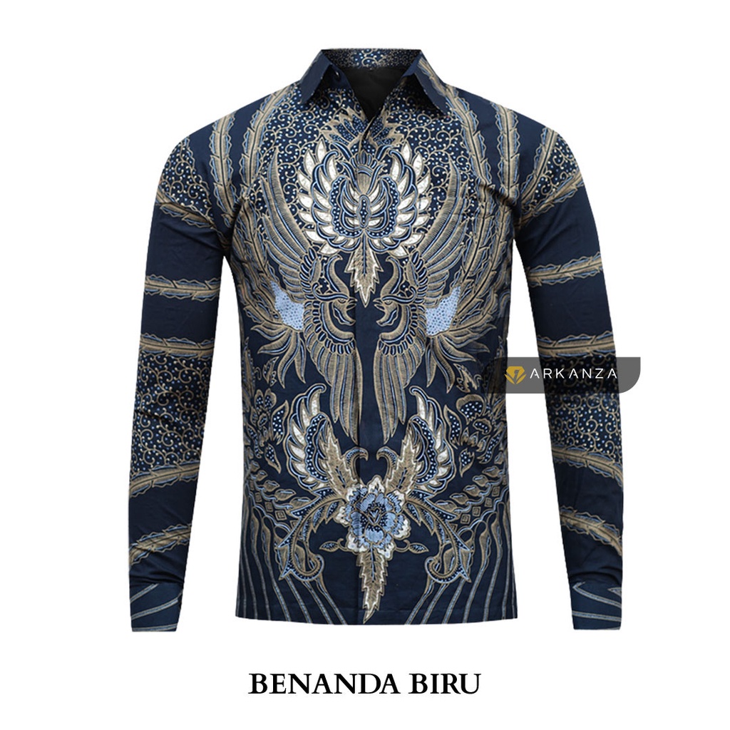 BATIK ARKANZA Motif BENANDA BIRU Hem Atasan Kemeja Baju Batik Pria Cowok Produsen Slimfit Memakai Furing Lengan Panjang Lengan Pendek Original Asli