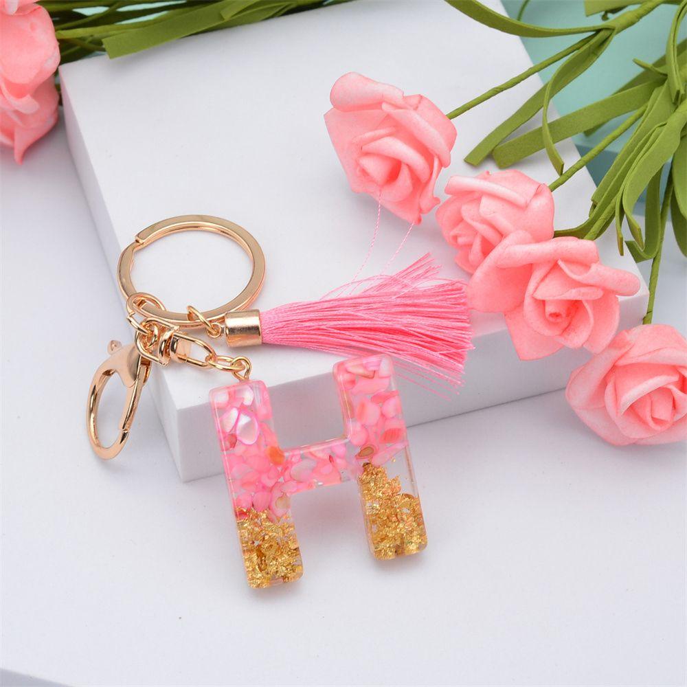 【 ELEGANT 】 26huruf Gantungan Kunci Lucu Fashion Merah Muda Jumbai Liontin Perhiasan Mobil Keyring Alphabet Key Chain