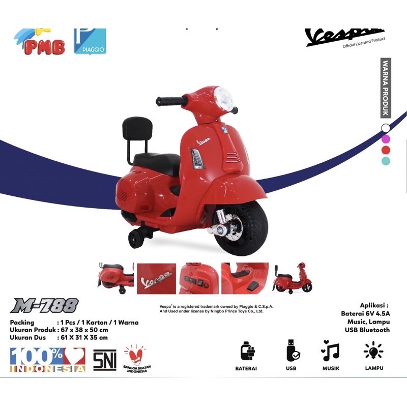Mainan Anak Motor Aki Murah Vespa Vintage Classic Lisensi Original Pmb 788-2