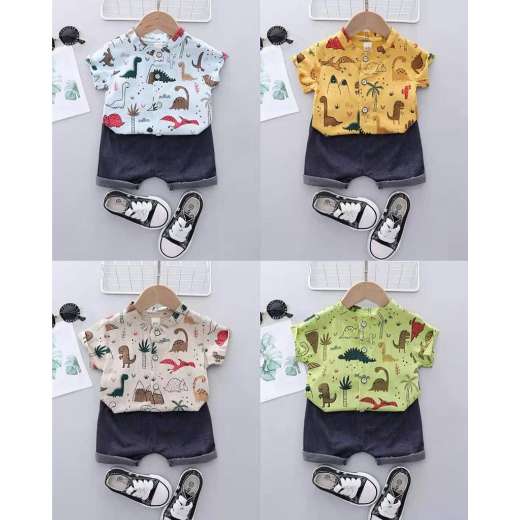 KEMEJA ASLI IMPORT SPORTY DINO 11 MOTIF Setelan Kemeja Celana  Dasi Pergi Jalan Fashion Anak Bayi Cowok Laki Terlaris lucu