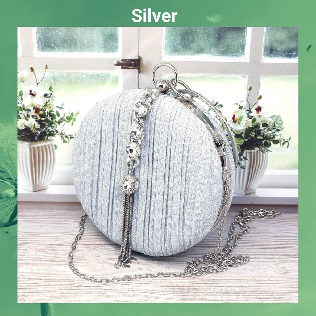TERLARIS !!! Tas Pesta Kondangan Wanita Import Kristal Kain Satin Lucu warna black,gold,silver bahan satin halus tas pesta bulat wanita elegan clucth pesta bulat kristal clucth wanita pesta kondangan