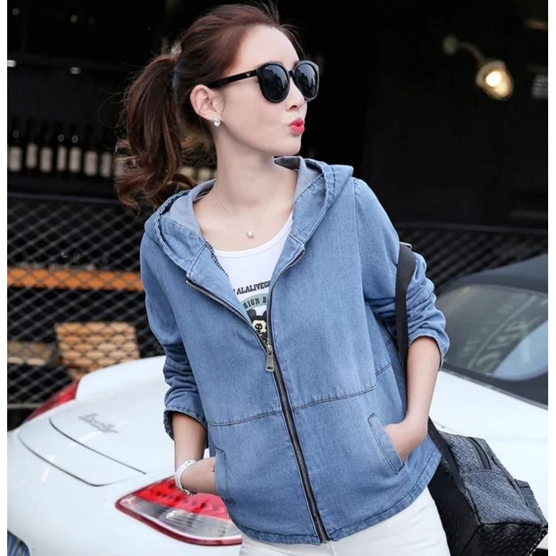 JAKET JEANS HOODIE WANITA RITSLETING