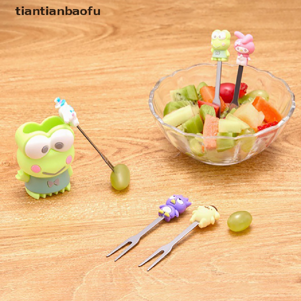 5pcs / Set Garpu Buah Dessert Bahan Stainless Steel Desain Kartun Dengan Holder