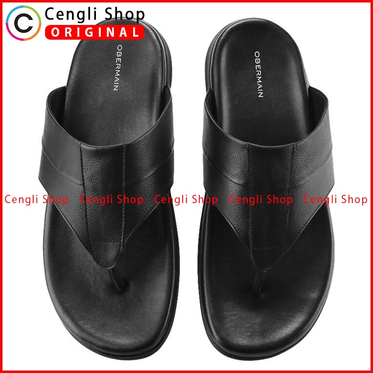 SANDAL KULIT OBERMAIN PRIA ORIGINAL JEPIT CASUAL BRANDED HITAM OM60