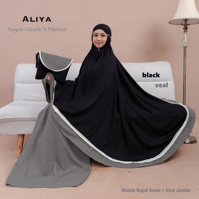 Mukena aliya material rayon grade A premium free tas rajut renda size jumbo high quality
