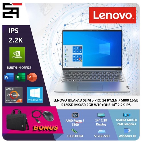 Lenovo Ideapad Slim 5 PRO 14 Ryzen 7 5800 16GB 512GB SSD MX450 2GB W10 OHS 14 Inchi 2.2K IPS
