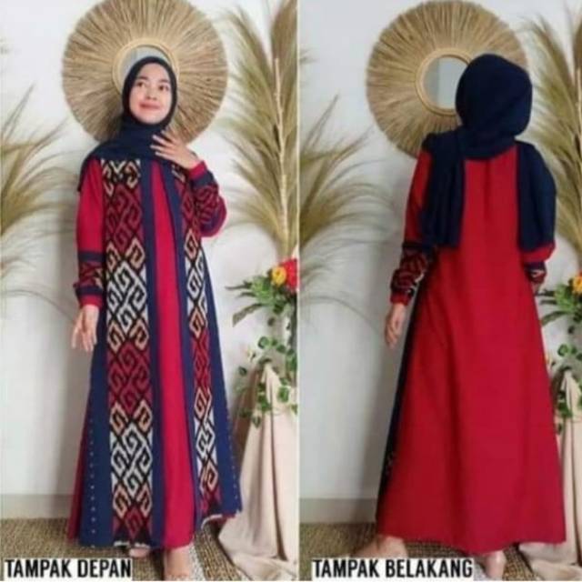 Gamis tenun motif toraja mix katun merah