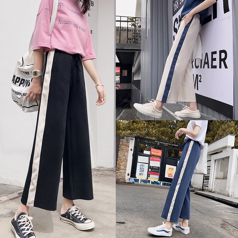  Stripe  Wide Leg Pants  Celana  Bahan Jogger  Ins Celana  