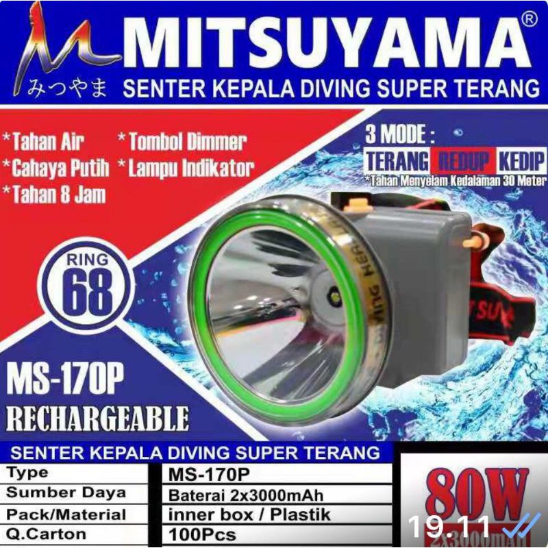 Senter Kepala Mitsuyama 80 watt MS-170P /ms-216P super terang/senter kepala anti air