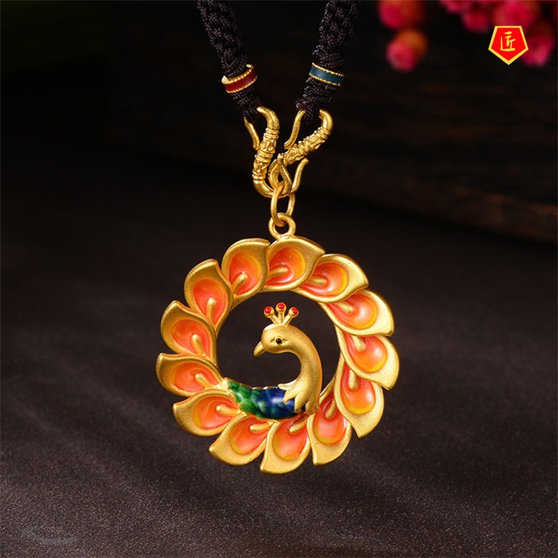 [Ready Stock]Ancient Gold Craft Burnt Blue Peacock Pendant Elegant Fashion