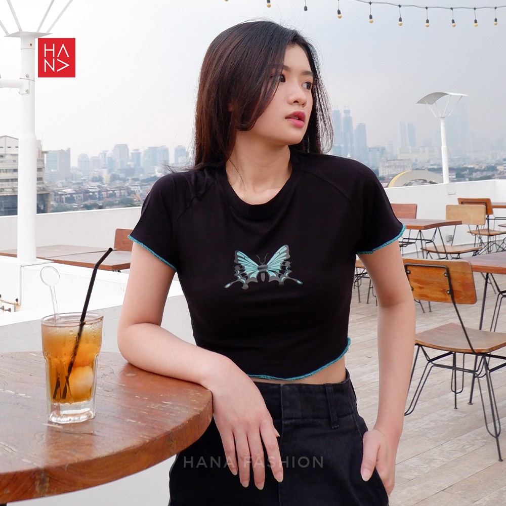 Hana Fashion - Mariposa Crop Top Kaos Butterfly Wanita - CT150