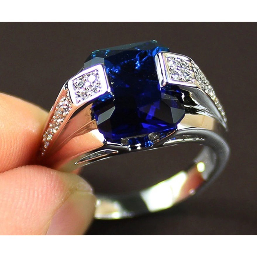 Cincin  Luxury Deep Blue Zircon Brass Lapis Perak Noble Fine Classic