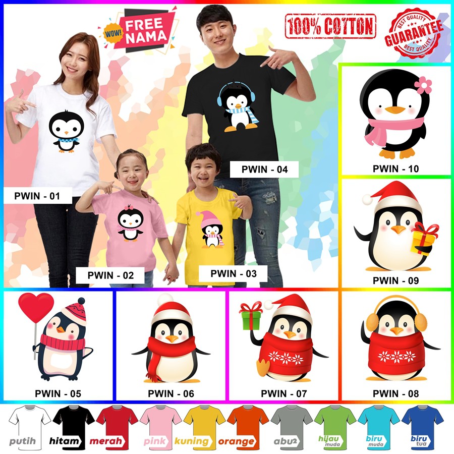 [FREE NAMA!!] Baju Kaos COUPLE  ANAK DAN DEWASA PINGUIN / PENGUIN BANYAK MOTIF