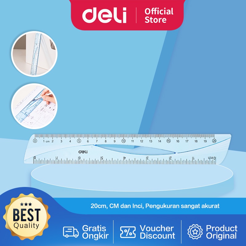 

Deli Ruler / Penggaris 20 CM Kokoh Pengukuran CM dan Inch EH10