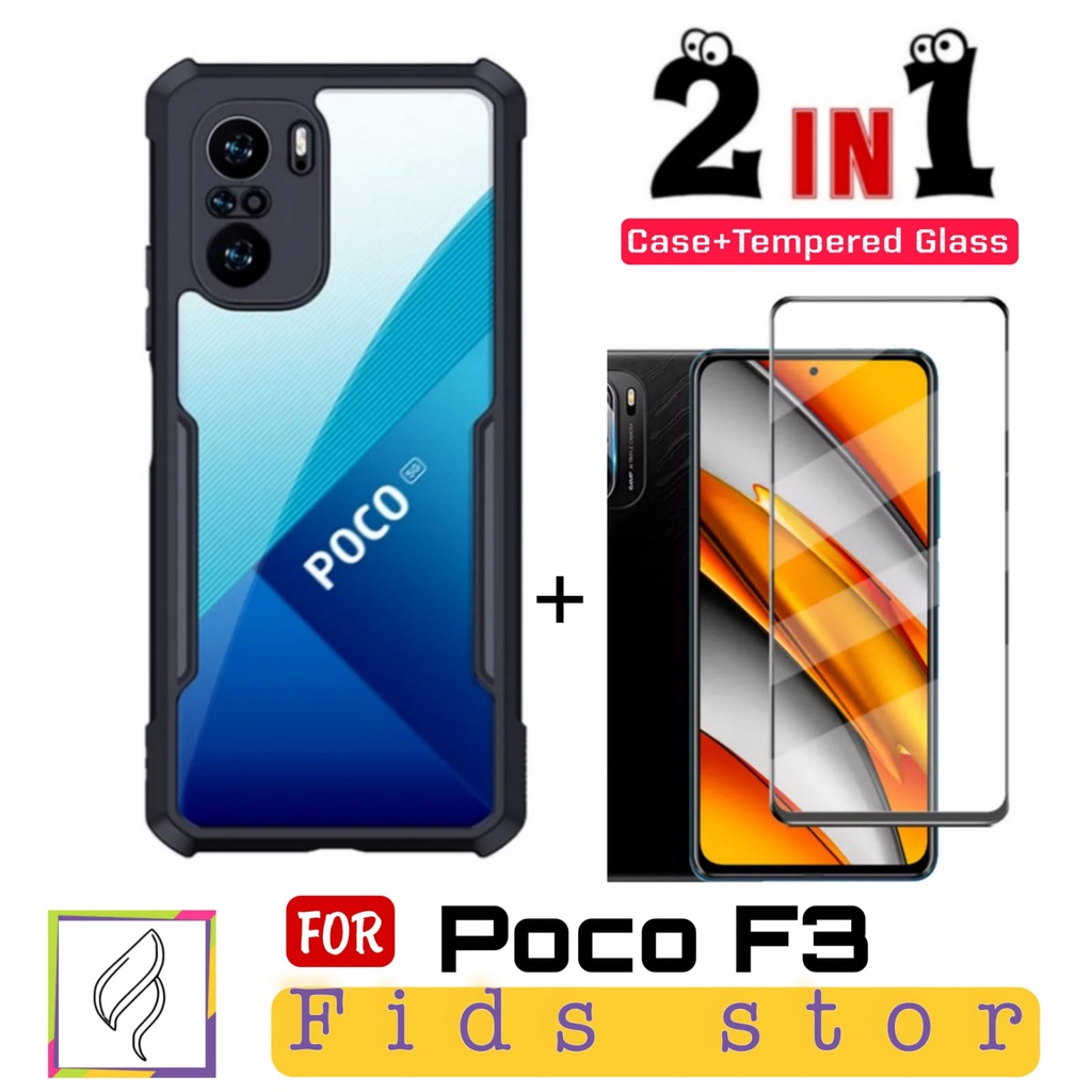 PROMO 2in1 CASE XIAOMI POCO F3 Case ShockProof Transparan Free Tempered Glass Full Cover Black