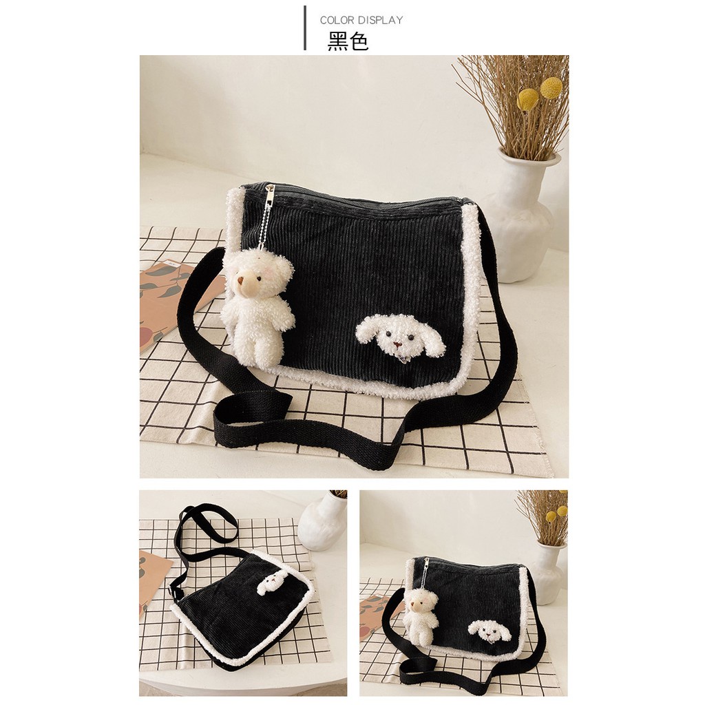 TC-76 tas selempang wanita corduroy bulu cute bear sling bag import korea jepang c