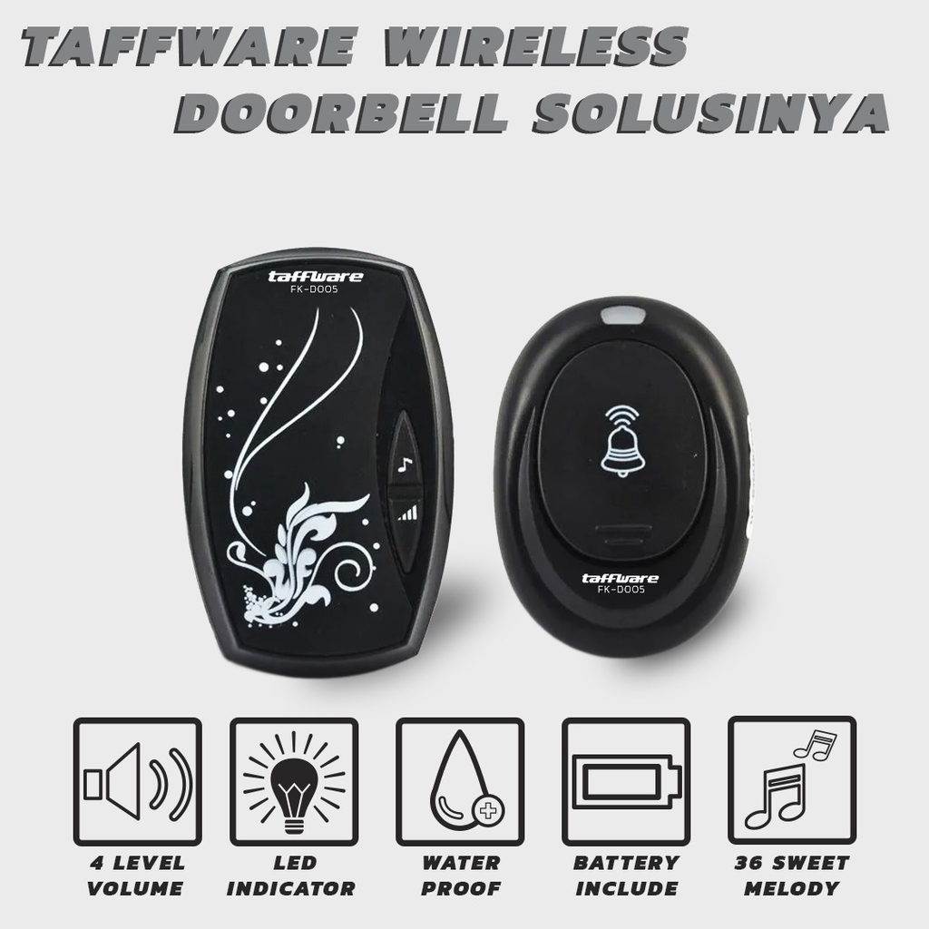 TAFFWARE DOORBELL . Bel Rumah Wireless Door Bell Waterproof Pintu 1 Receiver Bel Pintu Pagar Kantor