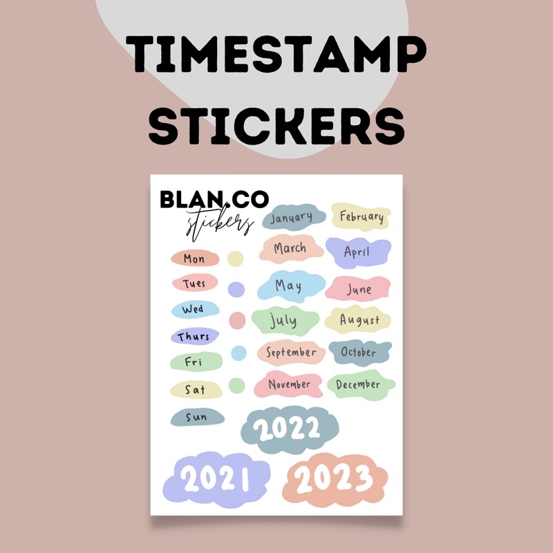 

Timestamp Stickers - Stiker Aesthetic Colorful Pastel Journaling (Bulan, Hari, Tahun)