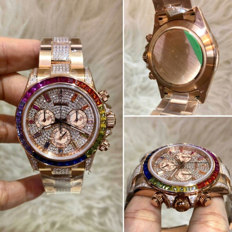 JAM TANGAN PRIA ROLEX DAYTONA RAINBOW FULL DIAMOND CRONO AKTIF AUTOMATIC SWISS SUPER PREMIUM