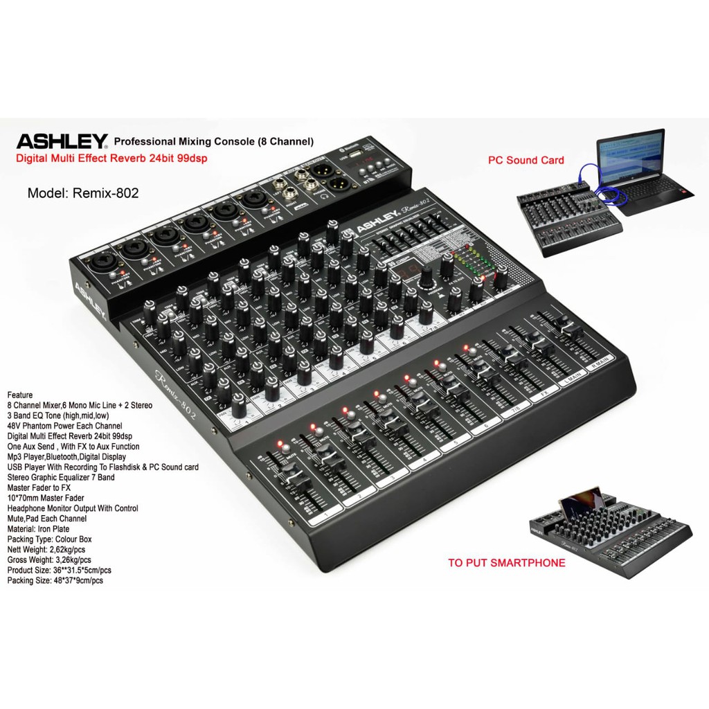 Mixer 8 Channel Ashley 8ch Remix 802 Remix-802 USB Recording Soundcard