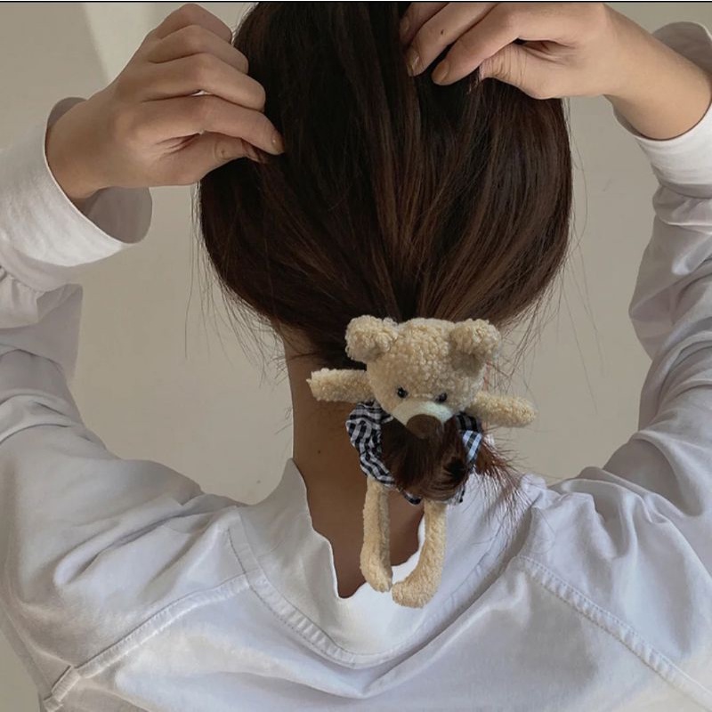 Ikat Rambut Scurnchie Boneka Beruang Scrunchie Bulu Korea Plush Bear Fluffy Faux Fur Ball Scrunchies Rabbit