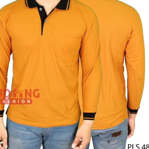 PLS 48 Kaos Polo Polos Pria Lengan Panjang Kuning Kunyit Kerah Hitam