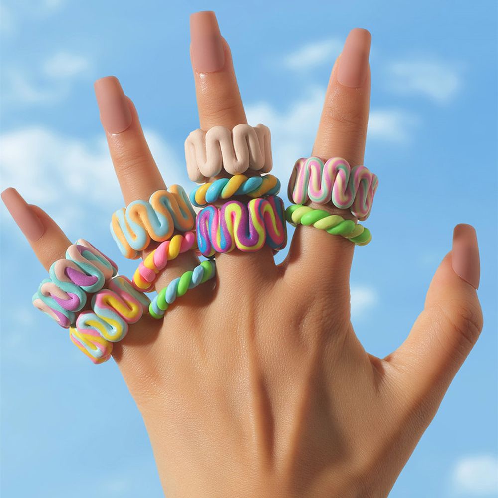 Needway  New Clay Ring Retro Colorful Finger Rings Trendy Clay Bohemia Stripe Geometric Gifts Fashion Jewelry