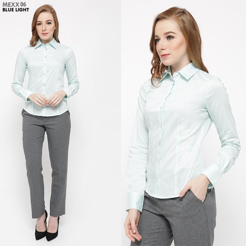 Women Office Shirt Long Sleeve MEXX Kemeja Wanita Lengan Panjang Biru Muda Casual