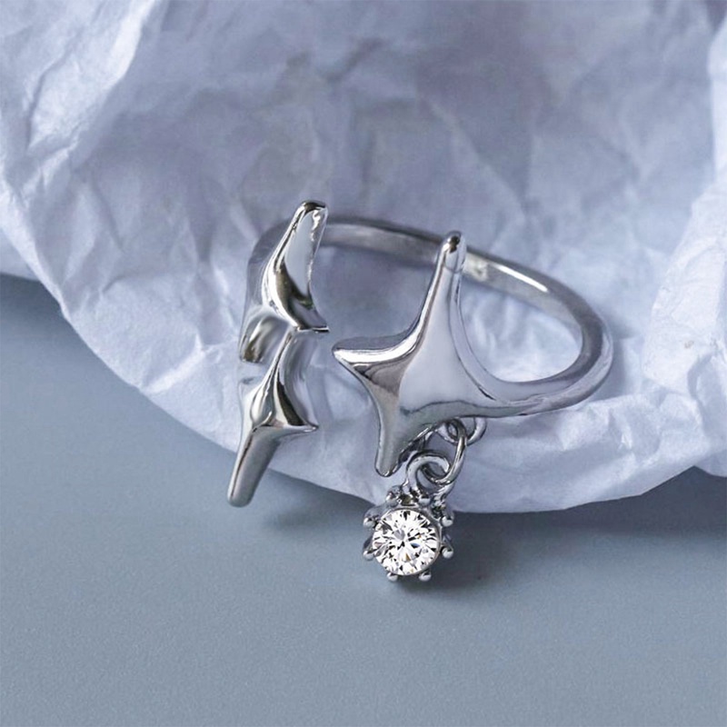 Cincin Silver Punk Handmade Adjustable Desain Bintang Hias Zircon Untuk Wanita