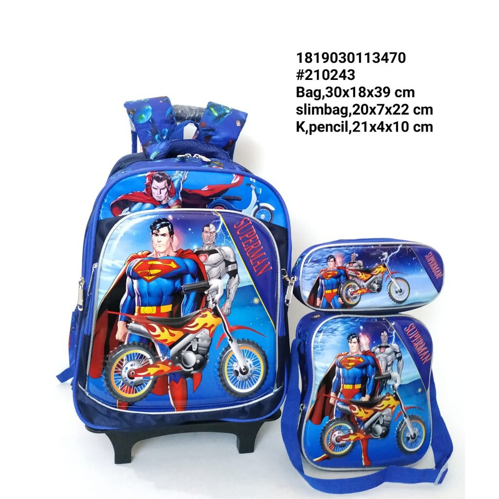 (RK)Tas Troli Anak SD SMP Sekolah Anak Laki Laki 3in1 Superman 3 Roda