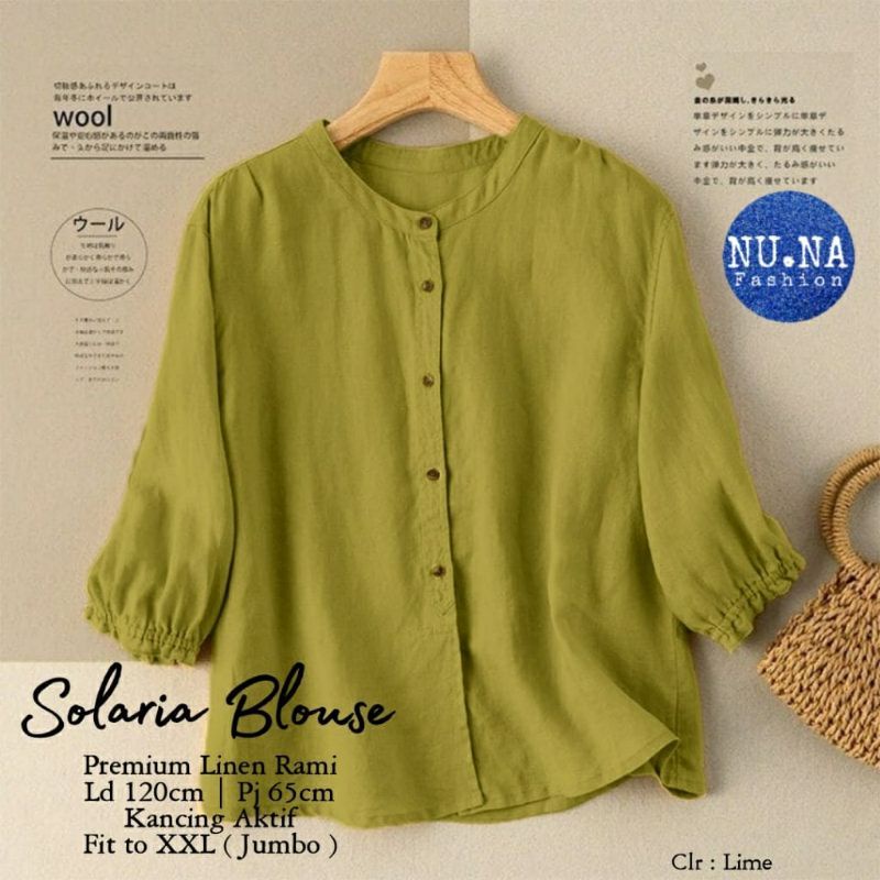 Solaria Bahan Linen Premiun Kerah Sanghai Kemeja Blouse Wanita Oversize LD 120