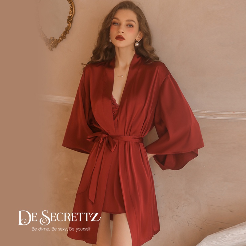DeSecrettz DENISA Satin Lingerie Dress dengan Opsional Kimono, Muat Untuk Size S - L Baju Tidur Seserahan