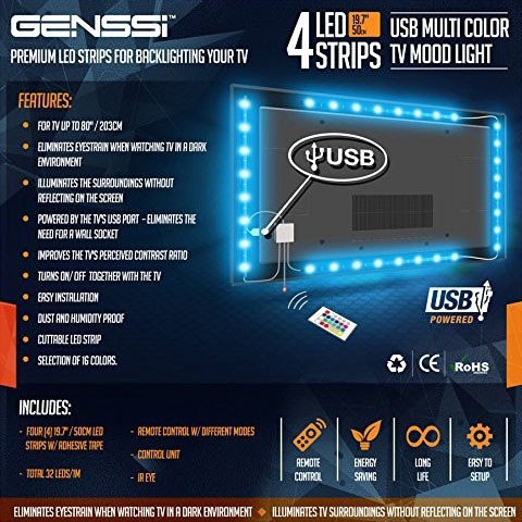 Genssi LED Strip RGB 5050 50cm 2 PCS dengan 5V USB Controller &amp; Remote Control - Black