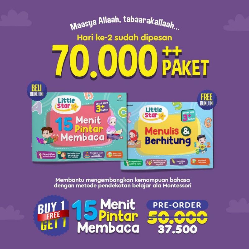 15 menit pintar membaca menulis & berhitung metode Montessori Buku belajar membaca Fullcolour
