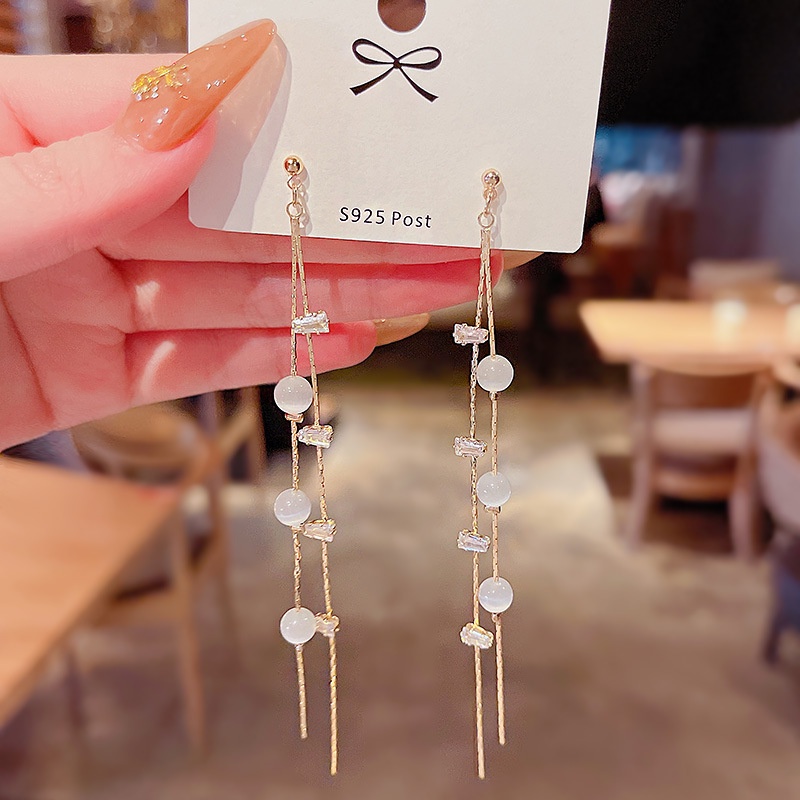 Shuling S925 silver needle Long Tassel Earrings Female Opal Super Cute Zircon Earrings Women Jewelry