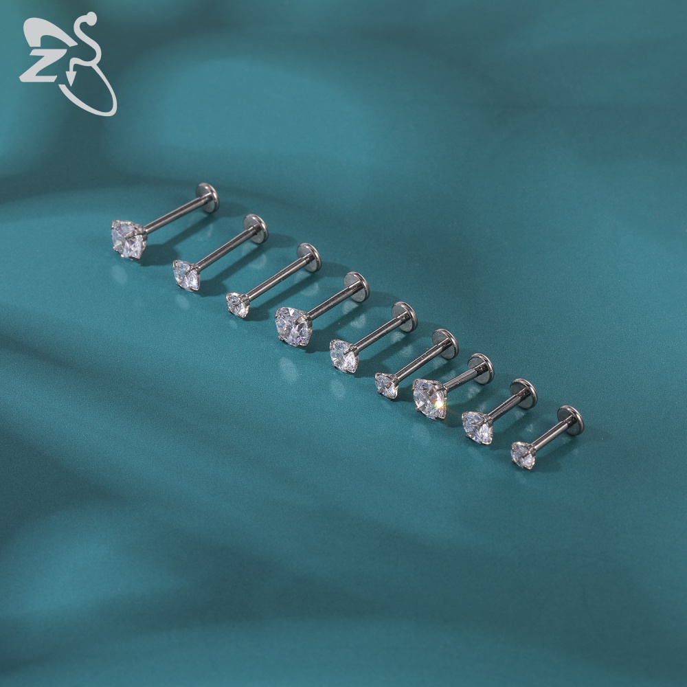 1pc Anting Tindik Bibir / Tulang Rawan Telinga Bahan Titanium Steel Hias Kristal Cz 2 / 3 / 4 / 5mm 16g