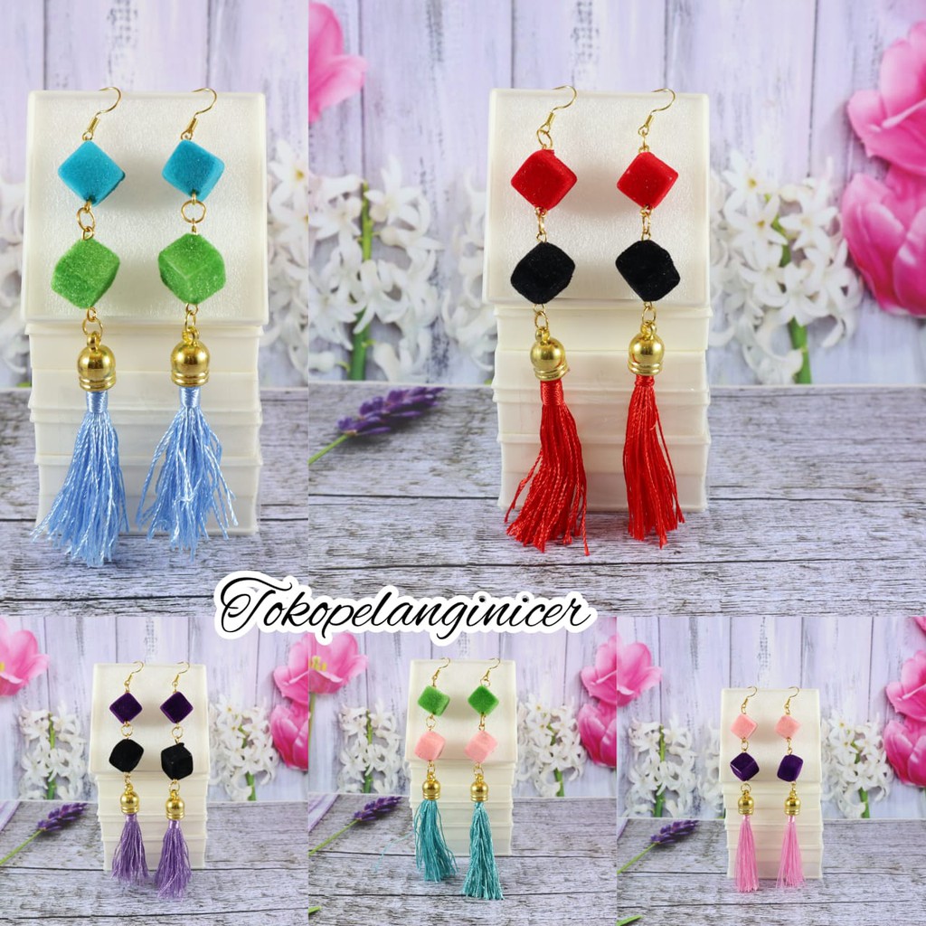 Anting Hijab anting korea Fashion wanita Sepasang Model Dadu Juntai Tassel by Tokopelanginicer