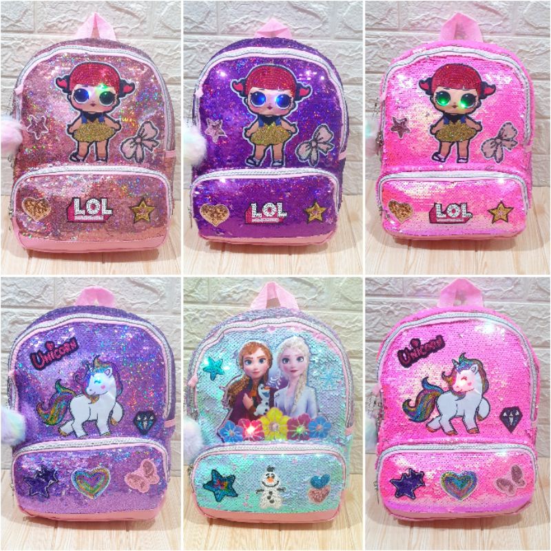 Tas Sekolah Sequin Usap Motif LOL / Unicorn / Frozen / BTS BT21/ Ransel Timbul Backpack SD / TK / PAUD &amp; Playgroup Tas Sekolah Ransel Anak Perempuan dan Anak Laki-Laki